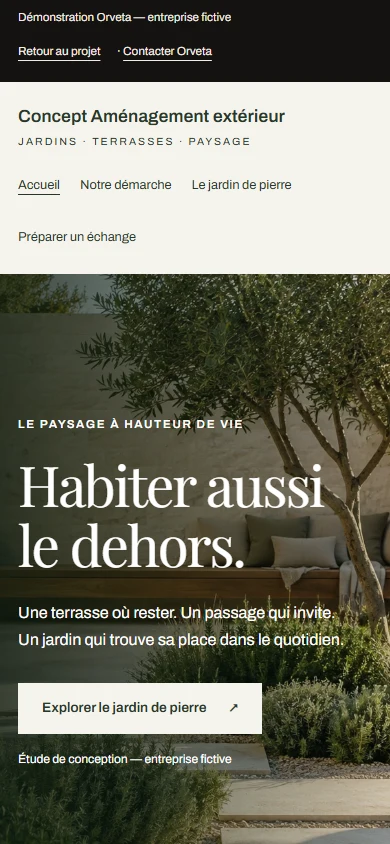 Capture réelle de l’accueil mobile du Concept Aménagement extérieur